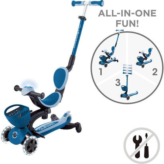 Globber Kids Scooter Foldable Go.Up Baby Lights 360 3-Wheel with Seat for 15 Months Dark Blue
