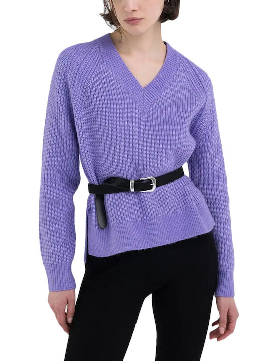 Replay Women Damen Langarm Pullover mit V-Ausschnitt Purple