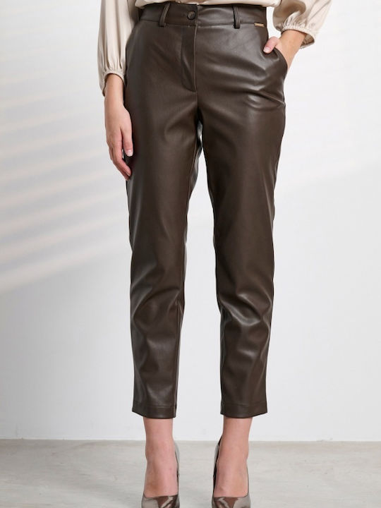 Matis Fashion Women's High-waisted Leather Trousers in Tapered Line Brown