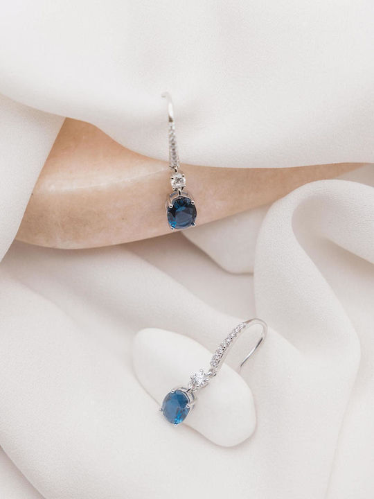 Themelidis Jewels Σκουλαρίκια Κρεμαστά από Λευκόχρυσο 14Κ με Πέτρες Μπλε