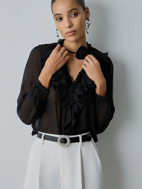 Women's Blouse Long Sleeve with V Neckline Floral Black