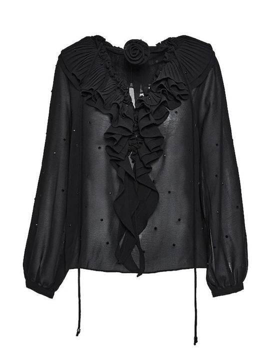 Women's Blouse Long Sleeve with V Neckline Floral Black