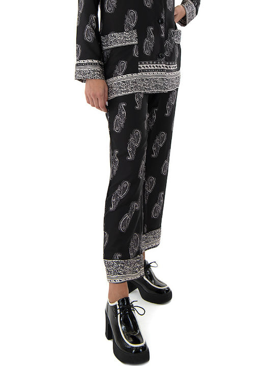 Women's Fabric Trousers with Elastic Straight Line Ecru-black