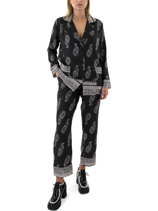 Women's Fabric Trousers with Elastic Straight Line Ecru-black