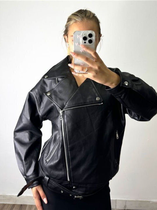 Chica Women's Short Biker Artificial Leather Jacket for Winter Black