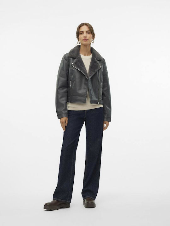 Women's Short Biker Artificial Leather Jacket for Winter Asphalt