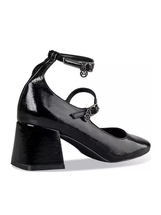 Synthetic Leather Black Heels with Strap