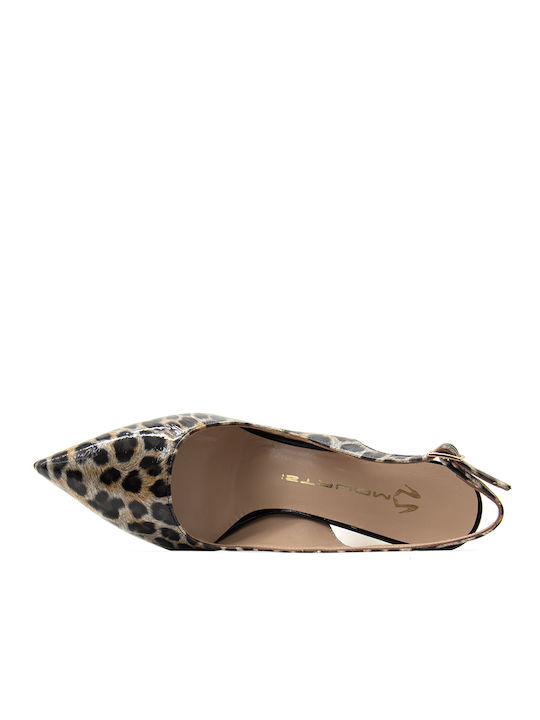 Patent Leather Brown High Heels with Strap Animal Print Slingback