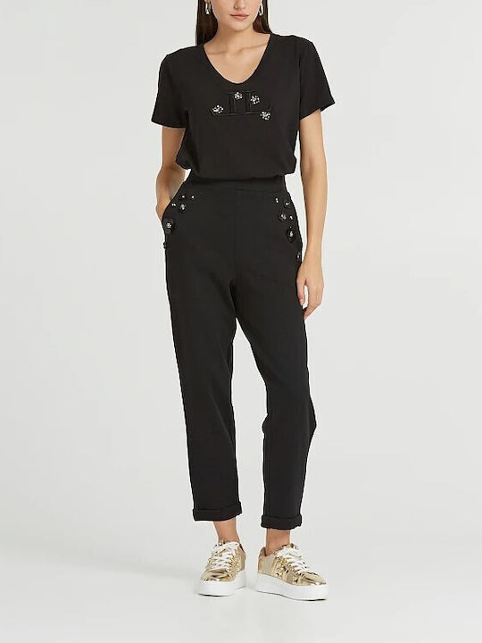 Enzzo Women's High-waisted Fabric Trousers in Loose Fit Black