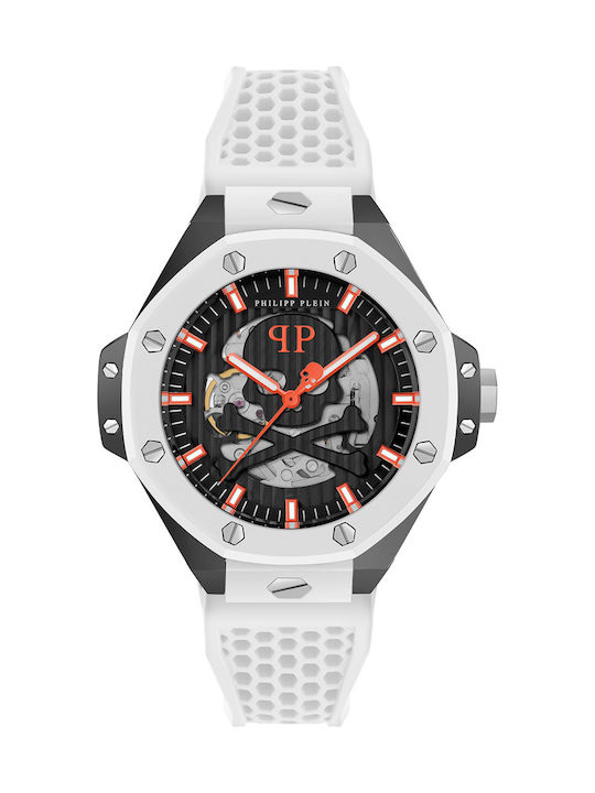 Philipp Plein Skeleton Watch Battery with White Rubber Strap