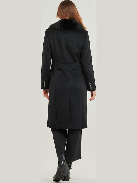 Women's Black Coat with Fur Details