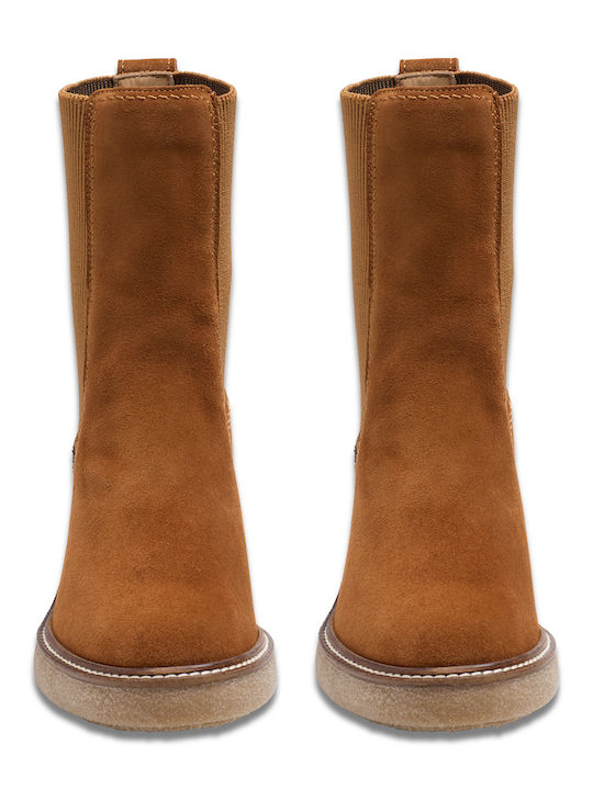 Top Mid Suede Women's Chelsea Boots with High Heel Brown