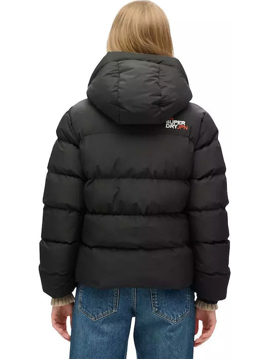 Women's Short Sports Jacket for Winter with Hood Black
