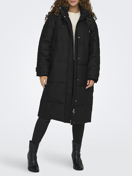 Women's Long Puffer Jacket for Winter with Hood Black