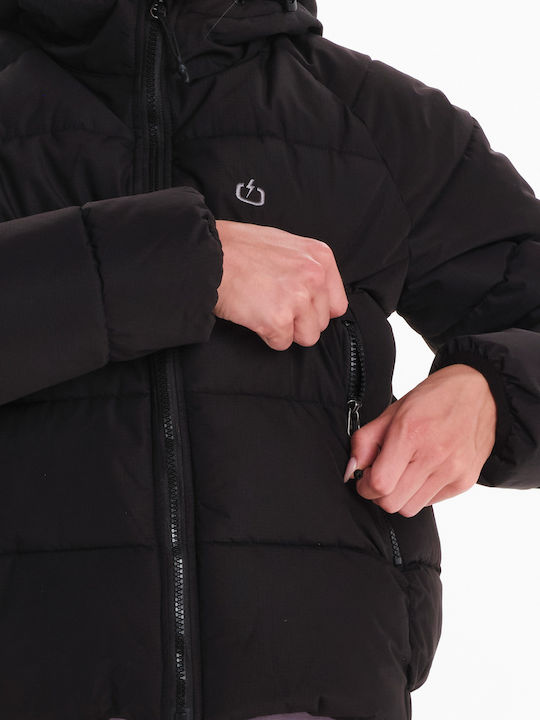 Women's Crop Puffer Jacket for Winter with Hood Black