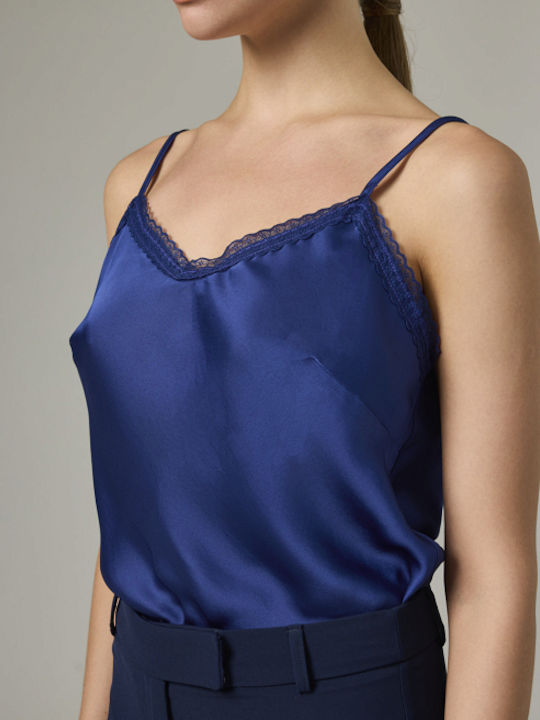 Women's Blouse Satin with Straps & V Neckline Blue