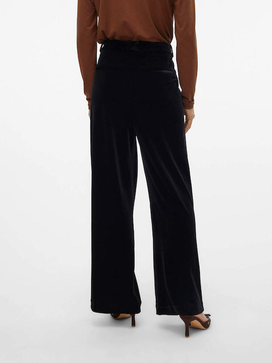 Vero Moda Women's High-waisted Velvet Trousers in Wide Line Black