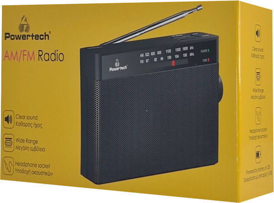 Powertech PT-1244 Επιτραπέζιο Ραδιόφωνο Μπαταρίας με USB Μαύρο