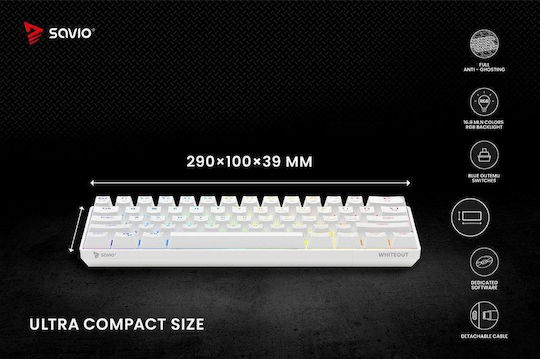 Savio Whiteout Gaming Mechanical Keyboard 60% with Outemu Blue switches and RGB lighting (English US) White