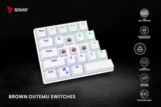 Savio Whiteout Gaming Μηχανικό Πληκτρολόγιο 60% με Outemu Brown διακόπτες και RGB φωτισμό (Αγγλικό US) Λευκό