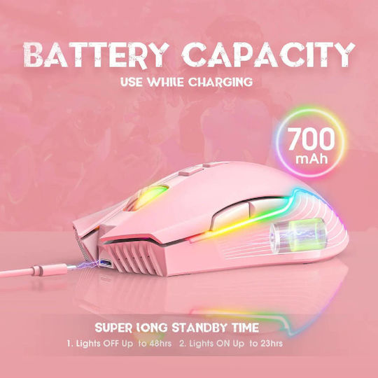 Onikuma CW905 Ασύρματο RGB Gaming Ποντίκι 3600 DPI Ροζ