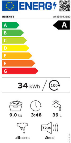 Hisense Πλυντήριο Ρούχων 9kg 1400 Στροφών Μαύρο WF3S9043BB3