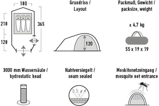 High Peak Kira Camping Tent Tunnel Mountaineering Green with Double Cloth 4 Seasons for 3 People Waterproof 3000mm 365x180x120cm
