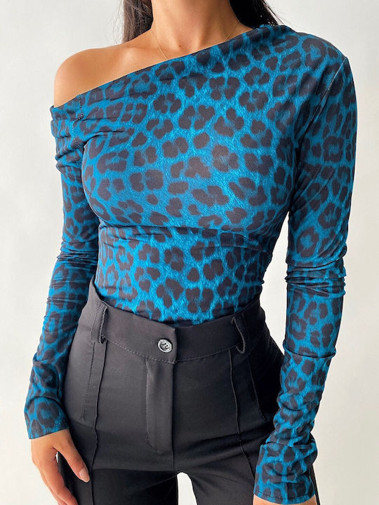 DOT Γυναικεία Μπλούζα Off-Shoulder Animal Print Πετρόλ