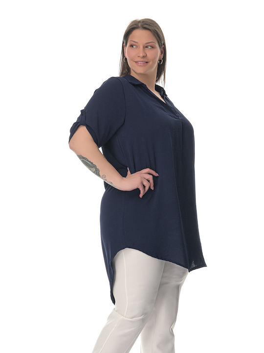 Sushi's Closet Women's Summer Blouse Linen with V Neckline Blue