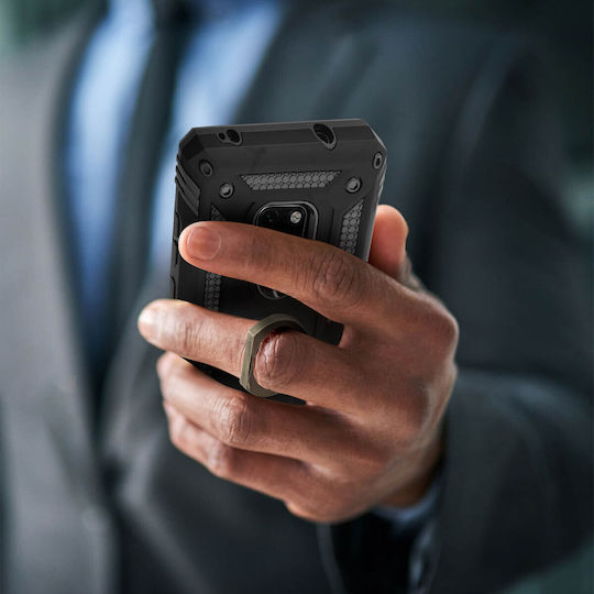 Калъф за Huawei Mate 20, двоен материал, твърд и мек, с магнитен пръстен и стойка, черен