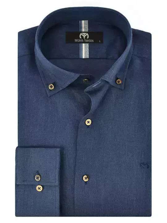 Makis Tselios Fashion Men's Shirt Linen Blue