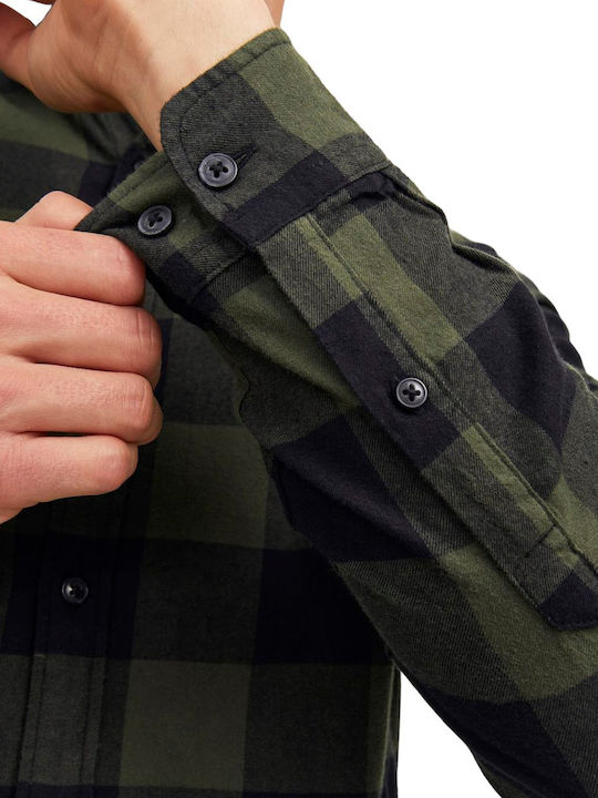 Long-sleeved Cotton Shirt Checked Dusty Olive