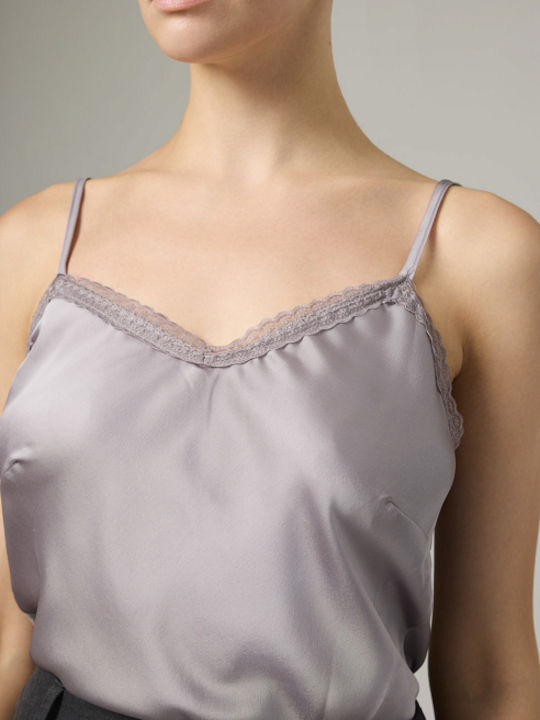 Women's Blouse Satin with Straps & V Neckline Gray