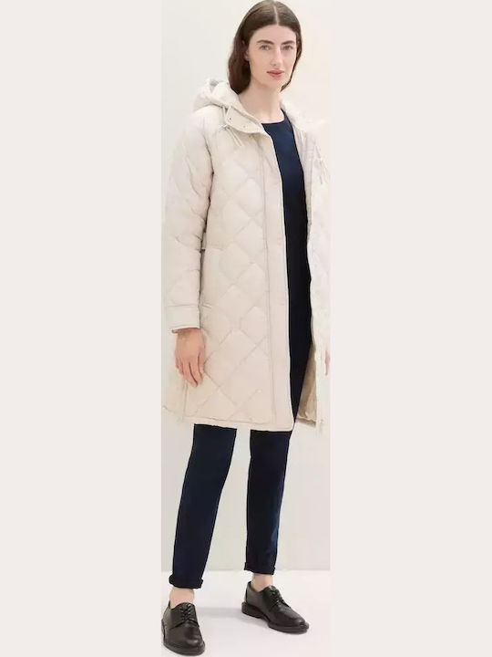 Women's Short Puffer Jacket for Winter with Hood Beige