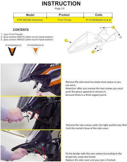 Moto Discovery Motorcycle Front Wheel Fender for KTM 390 Adventure Black 1pcs