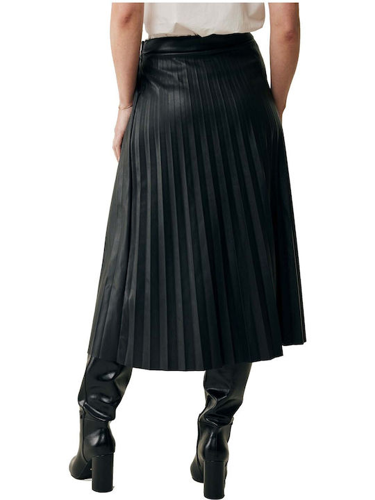 Mexx Leather Pleated High Waist Midi Skirt Black