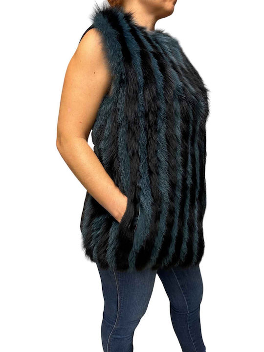 MARKOS LEATHER Women's Sleeveless Short Fur Blue-black