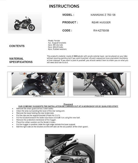Moto Discovery Motorcycle Rear Wheel Fender for Kawasaki Z750 Black 1pcs