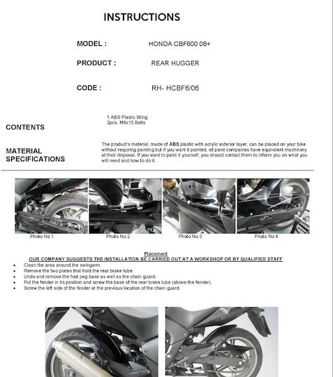 Moto Discovery Motorcycle Rear Wheel Fender for Honda CBF 600 Black 1pcs