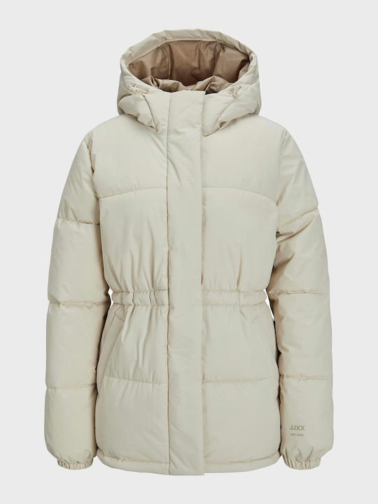 Jack & Jones Women's Short Puffer Jacket for Winter with Hood Ecru