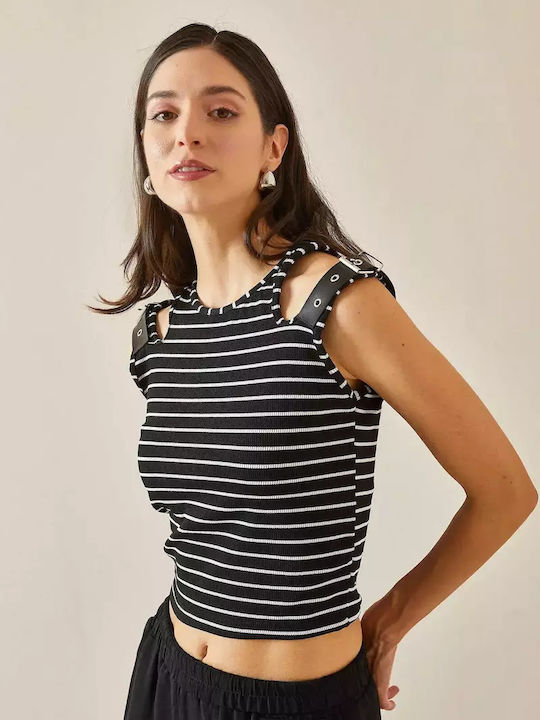 Γυναικεία Μπλούζα Off-Shoulder Αμάνικη Ριγέ Μαύρο