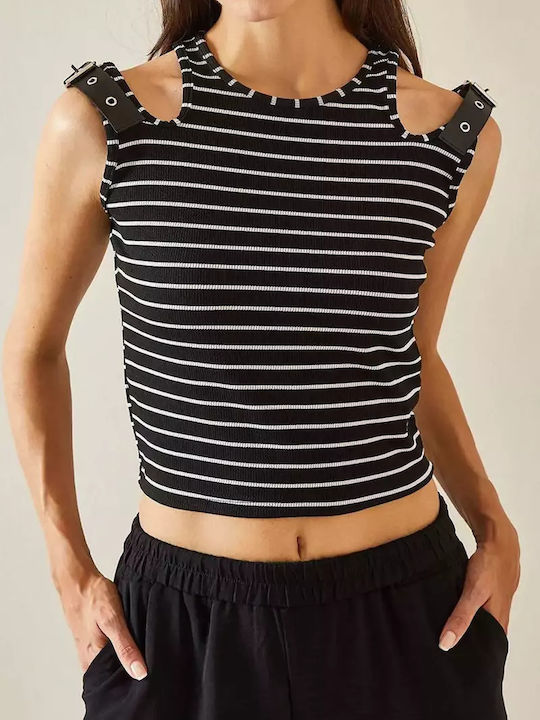 Γυναικεία Μπλούζα Off-Shoulder Αμάνικη Ριγέ Μαύρο