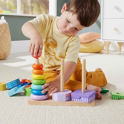 Mattel Pyramid Toy Wooden Stacking Shape Sorter made of Wood for 18++ Months
