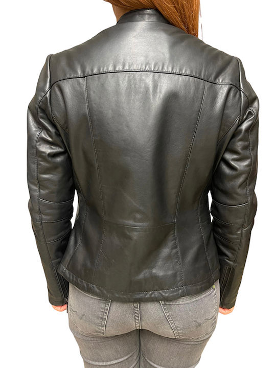 MARKOS LEATHER Women's Short Biker Leather Jacket for Winter BLACK-NEW