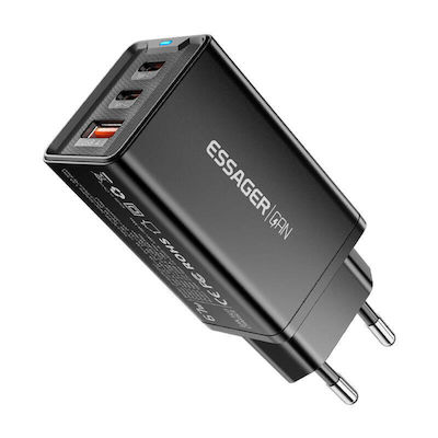 Essager Зарядно без кабел GaN (Галуниев нитрид) с USB-A порт и 2 USB-C порта 67W Черно (ECTAC-KSB01-Z)