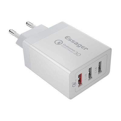 Essager Charger Without Cable with 3 USB-A Ports 30W White (ECTQC3-FBB02)