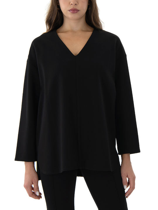 MY T Damen Bluse Langärmelig mit V-Ausschnitt Black