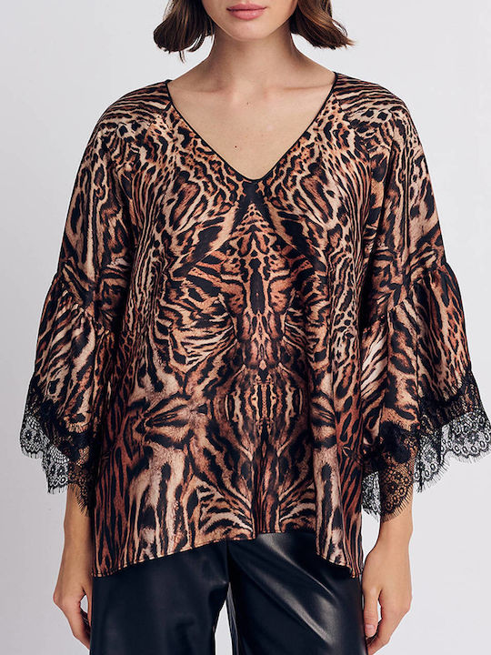 Forel Women's Blouse with 3/4 Sleeve & V Neckline Animal Print Multi