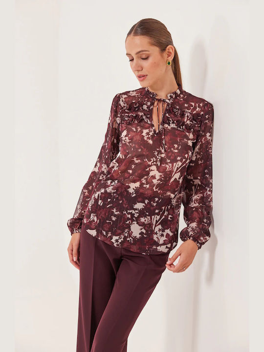 Enzzo Damen Bluse Langärmelig Blumen Bordeaux