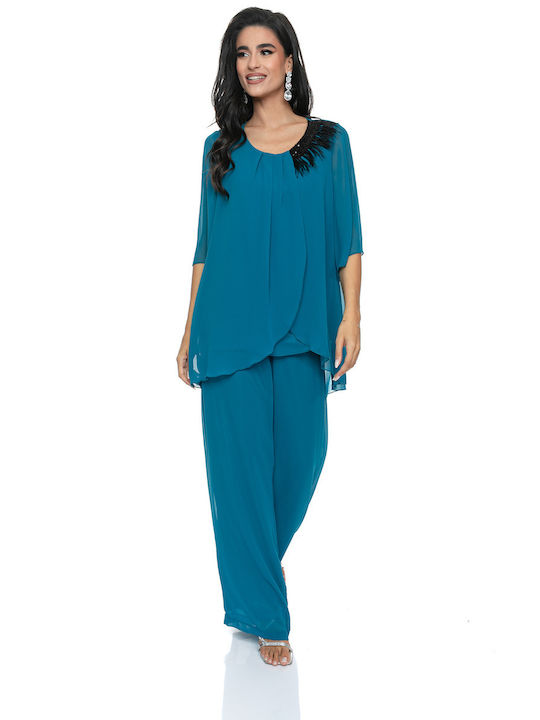 RichgirlBoudoir Women's Petrol Blue Set with High-waisted Trousers